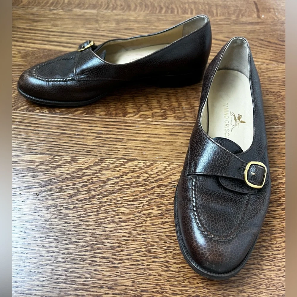 TANINO CRISCI Handmade‎ Brown Leather Loafers Buckle Luxury Italy Vintage 34